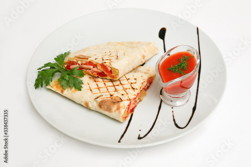 quesadia ham tomato sauce white background