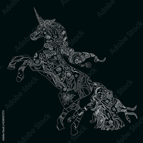vector illustration. Contour drawing of unicorn made of white lines isolated on the black background
