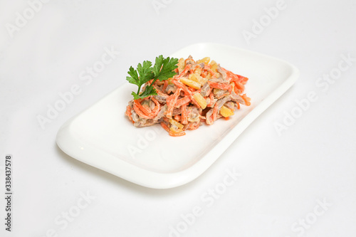 salad carrots meat potatoes white background
