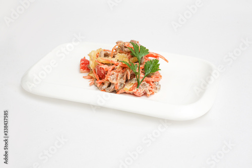 salad carrots meat potatoes white background