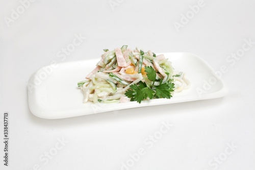 salad corn ham cucumber white background