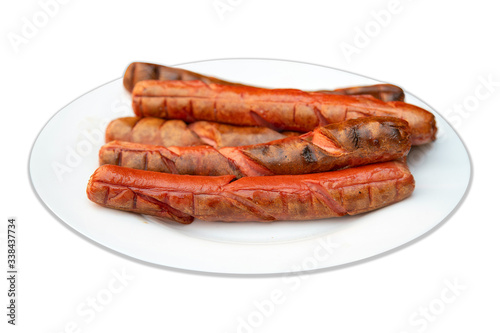 grilled beautiful delicious sausages on a white plate with no background for your design or menu