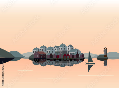 Sunset over a fishing island in the Swedish west coast archipelago, A lighthouse and a sailing boat at a calm sea. Vector illustration.