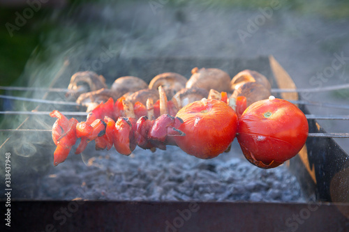 champignons, peppers and tomatoes on skewers are fried on hot coals and languish in smoke