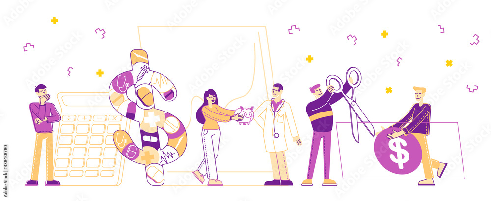 Health Care Cost, Medicine Price, Pharmacy and Accessibility Concept. Tiny Male and Female Characters around of Huge Dollar Sign, Drugs and Medical Stuff. People Buy Remedy. Linear Vector Illustration