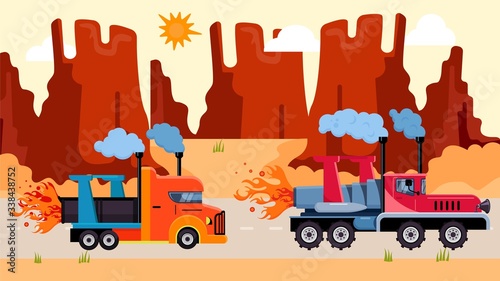 Wagon truck with rocket drive ride desert, big delivery transport flat vector illustration. Truck driving on america highway, wilderness road, design wasteland place, mountain and strong sun.