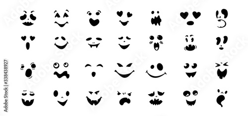Scary and funny faces flat cartoon set. Halloween collection cute and ghostly monsters, pumpkin or ghost. Joyful spooky or funny comic character. Many ghosts Halloween concept. Vector illustration
