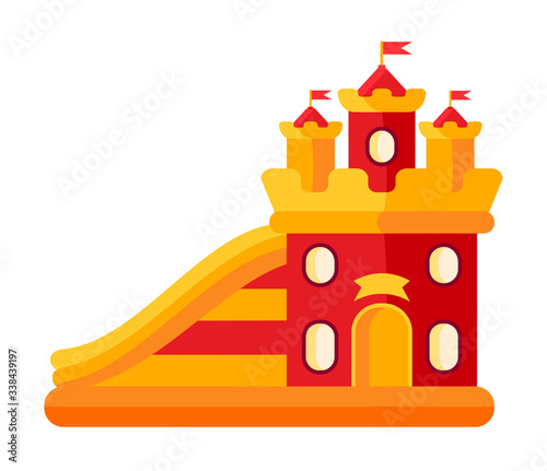 Colorful bouncy castle in amusement park flat. Air trampoline castle cartoon style. Playground on funfair. Festivals outdoor summer kid fun time. illustration Isolated vector