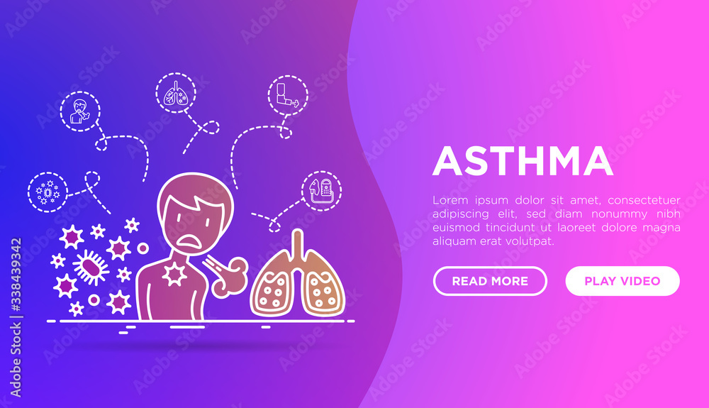 Asthma web page template. Man with asthma attack. Thin line icons: allergen, dyspnea, cough, wheezing, chest pain, diaphragm, sputum, inhaler, nebulizer. Modern vector illustration. Asthma web page template. Man with asthma attack. Thin line icons: allergen, dyspnea, cough, wheezing, chest pain, diaphragm, sputum, inhaler, nebulizer. Modern vector illustration.