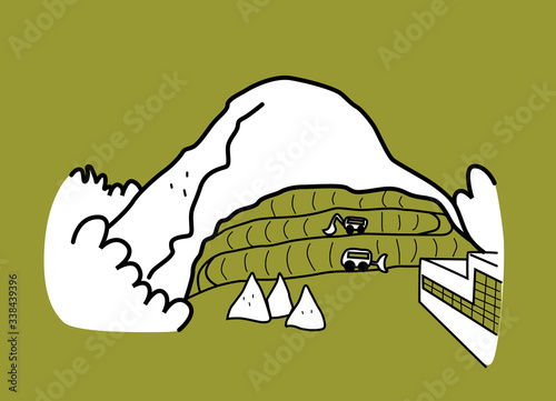 Bulldozers working in a stone quarry on the mountain side. Hand drawn cartoon style vector illustration. Industry, sustainability.