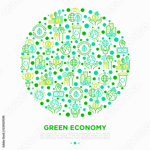 Green economy concept in circle with thin line icons: financial growth, green city, zero waste, circular economy, anti-globalism, global consumption. Vector illustration for environmental issues.