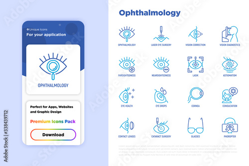 Ophthalmology thin line icons set: laser eye surgery, eye test, eye drops, contact lenses, cataract, astigmatism, phoropter, autorefractometer, farsightedness, nearsightedness. Vector illustration.