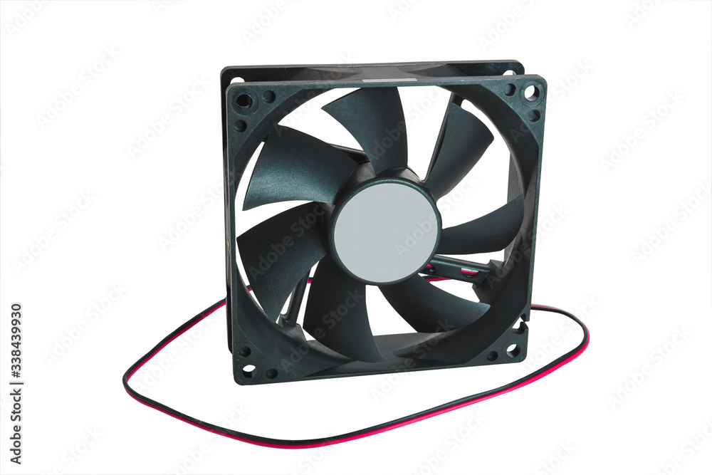 A fan for a desktop computer case isolate on a white background close-up. A fan for a desktop computer case isolate on a white background close-up.