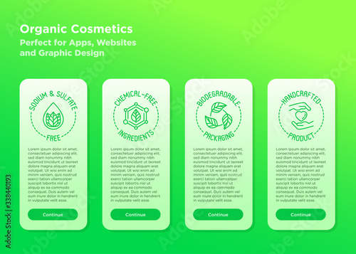 Organic cosmetics symbols. Mobile user interface template with thin line icons. Sodium and sulfate free, chemical-free ingredients, handcrafted, biodegradable packaging. Vector illustration.