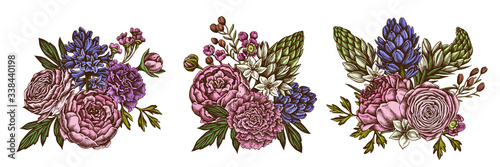 Flower bouquet of colored peony, carnation, ranunculus, wax flower, ornithogalum, hyacinth