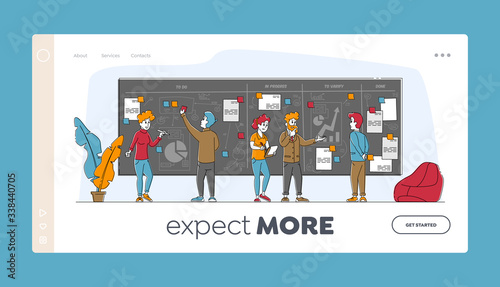 Agile Development Software Methodology Landing Page Template. People Characters Sticking Papers on Scrum Task Board Planning and Analyzing Working Process, Work Lifecycle. Linear Vector Illustration