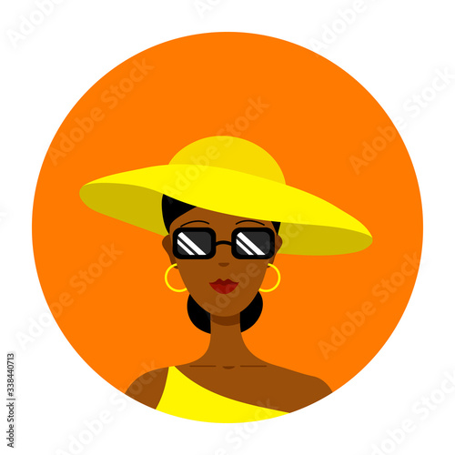 Round icon with a portrait of a young beautiful black woman in black sunglasses, yellow wide-brimmed hat, top, ring earrings. Brunette, bun hairstyle. Orange background. Vector graphics, illustration