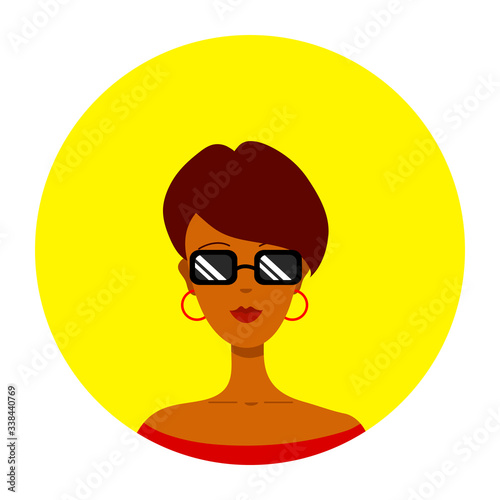 Round icon with portrait of young beautiful latina woman with dark skin, wearing black sunglasses, red top and ring earrings. Short brown hair, bangs. Yellow background. Vector graphics, illustration
