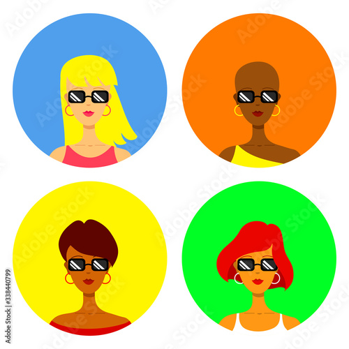 Set of four round icons with portraits of women with black sunglasses, ring earrings and color backgrounds. Blonde in pink, bald African woman in yellow, short-haired latina in red, redhead in white