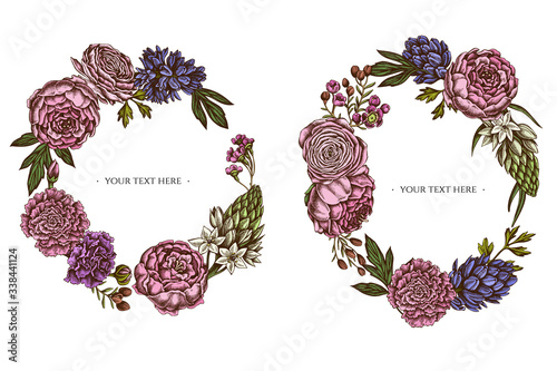 Floral Wreath of colored peony, carnation, ranunculus, wax flower, ornithogalum, hyacinth