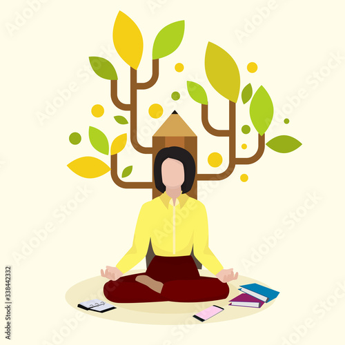 Creative female writer, author sitting on pencil background and book, volume, flat vector illustration. Meditation novelist woman character, artistic path writer, author looking for muse.