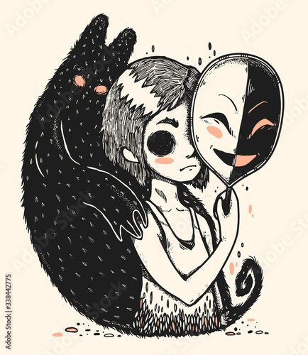 Girl or boy with mask and demon behind. Depression theme illustration. Mental illness design.