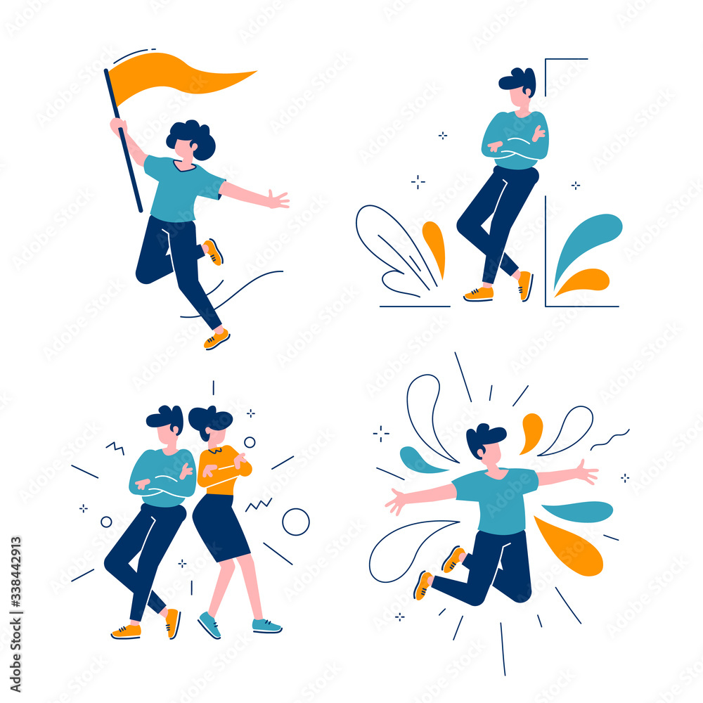 Fototapeta premium Vector set of creative illustration of business successful people on white background. Team of happy man and woman in casual clothes.