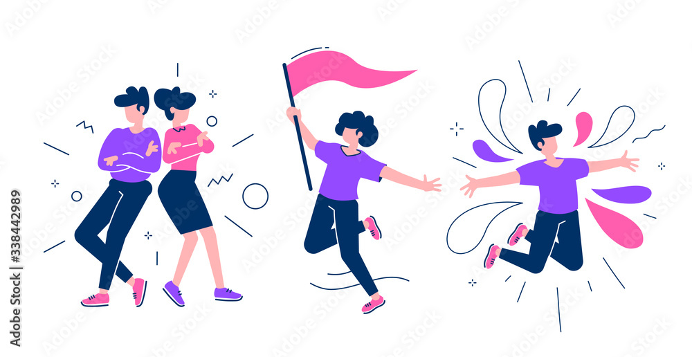 Vector set of creative illustration of team of happy man and woman in casual clothes. Business successful people on white background. Vector set of creative illustration of team of happy man and woman in casual clothes. Business successful people on white background.