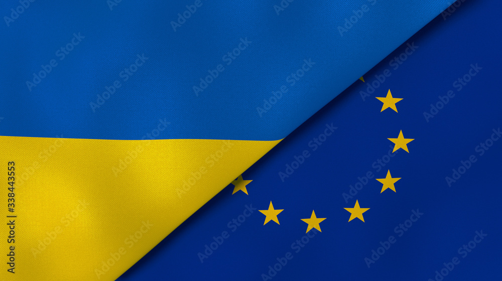 The flags of Ukraine and European Union. News, reportage, business background. 3d illustration