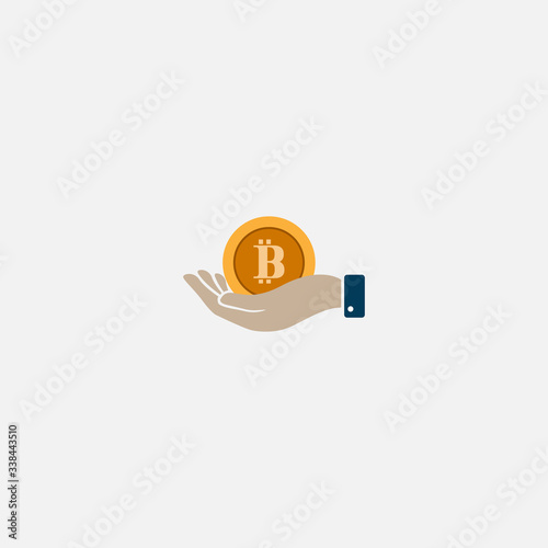 bitcoin coin in hand. vector symbol in flat design