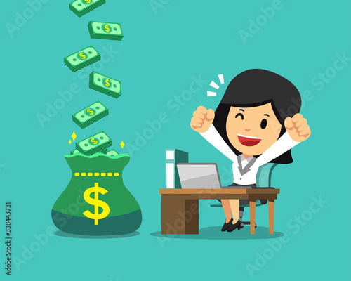 Cartoon happy businesswoman with big bonus money bag for design.