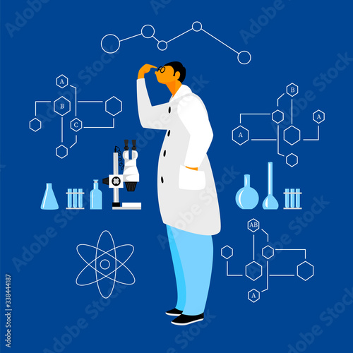 scientist. vector illustration of a scientist with laboratory equipment. scientific discovery