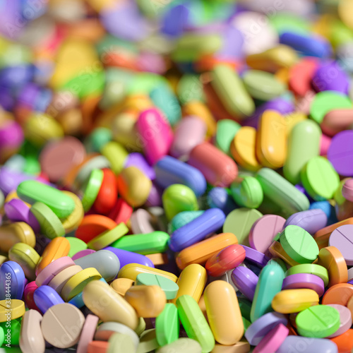 A lot of colorful medication and pills close up 3d render