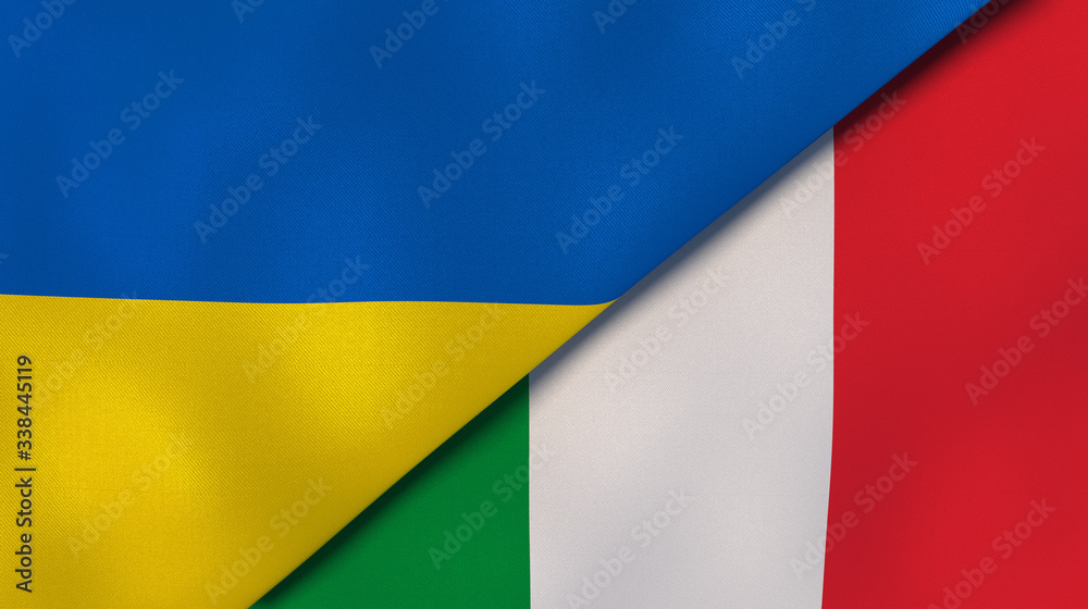 Fototapeta premium The flags of Ukraine and Italy. News, reportage, business background. 3d illustration