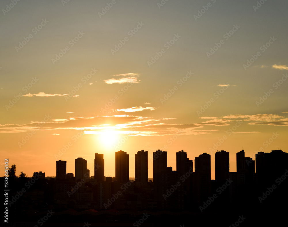 Beautiful yellow sky sunset on the city skyline, interior, Ribeirao Preto, Sao Paulo.