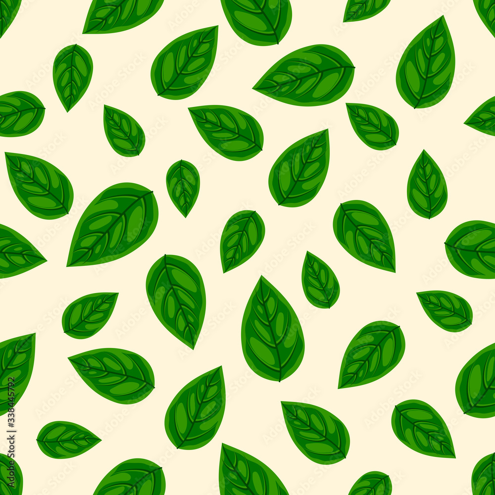 Natural food seamless pattern. Fresh green leaf on yellow background texture for print, paper, kitchen design, fabric, cafe decor, wrap, backgrounds, menu, ads. Vector illustration