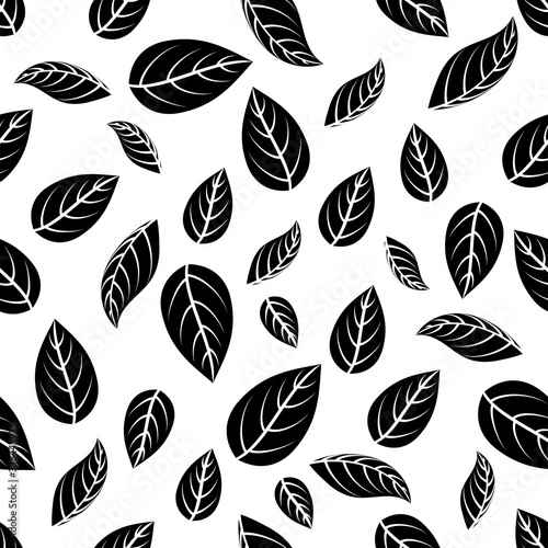 Floral leaf silhouette seamless pattern. Black leaves on white background texture for for print, paper, design, fabric, decor, wrap, wallpaper, ads. Vector illustration