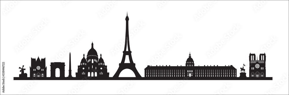 Paris skyline background. Paris famous landmark icon set. France, Paris travel black cityscape