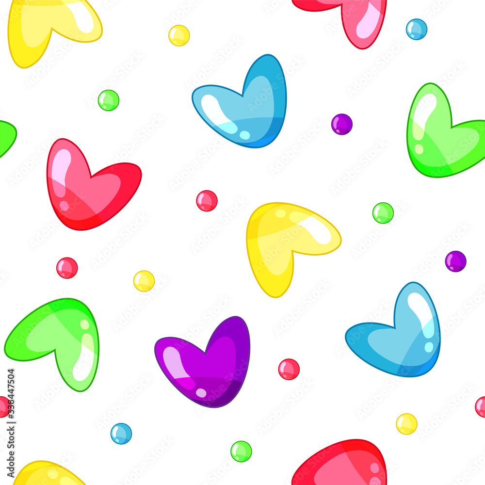 Seamless pattern with glamour multicolor hearts and dots isolated on the transparent background. Vector illustration