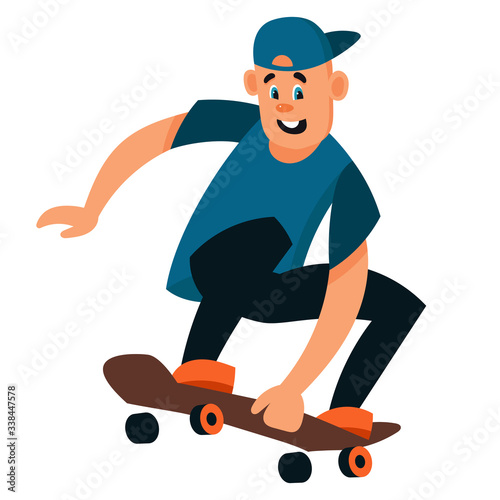 Boy doing trick on skateboard. Male character in cartoon style.