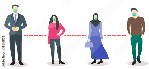 Physical Social Distancing Movement During Coronavirus COVID-19 Pandemic. An Effort to Stop or Slow Down Spread Novel Corona Virus. People Young Man & Woman Essential Worker Wears face Surgical Mask