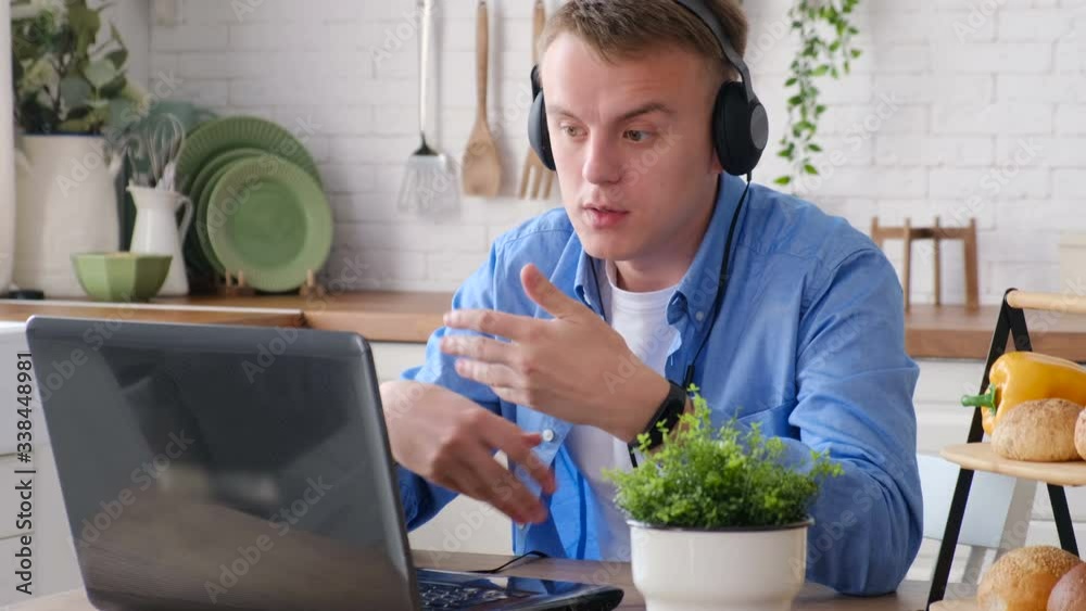 A business coach, blogger or call center manager communicates in online video chat at home. Remote work and online business