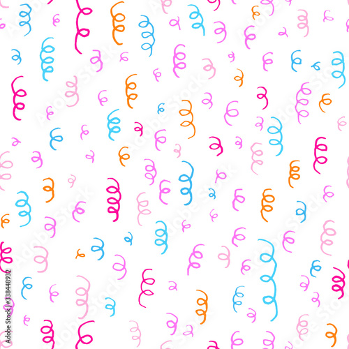 Colorful confetti seamless pattern. Multi colored doodles isolated on white background. Festive design for textile, wrapping paper, wallpaper. Birthday greeting card. Hand drawn vector illustration.