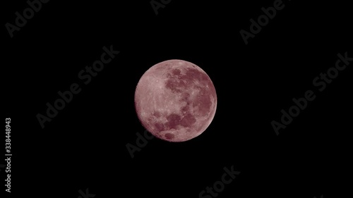 Full moon drifts away from us in the dark sky without stars in the spring night
