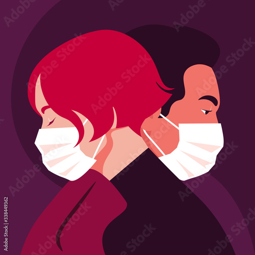 Profiles of people. Faces of woman and man wear medical masks. Date and the epidemic. Coronavirus. Love in the distance. Husband and wife. Vector flat illustration