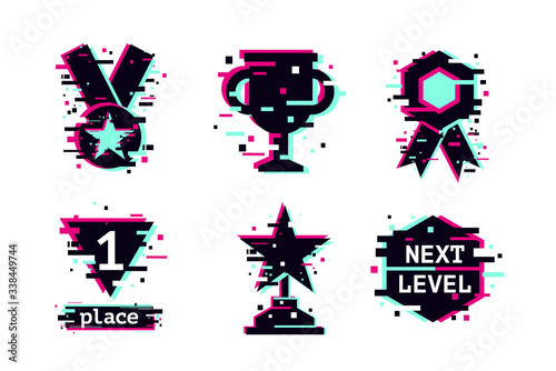 Glitch style vector awards. Cyber sport trophy icons set. Computer game achievement.