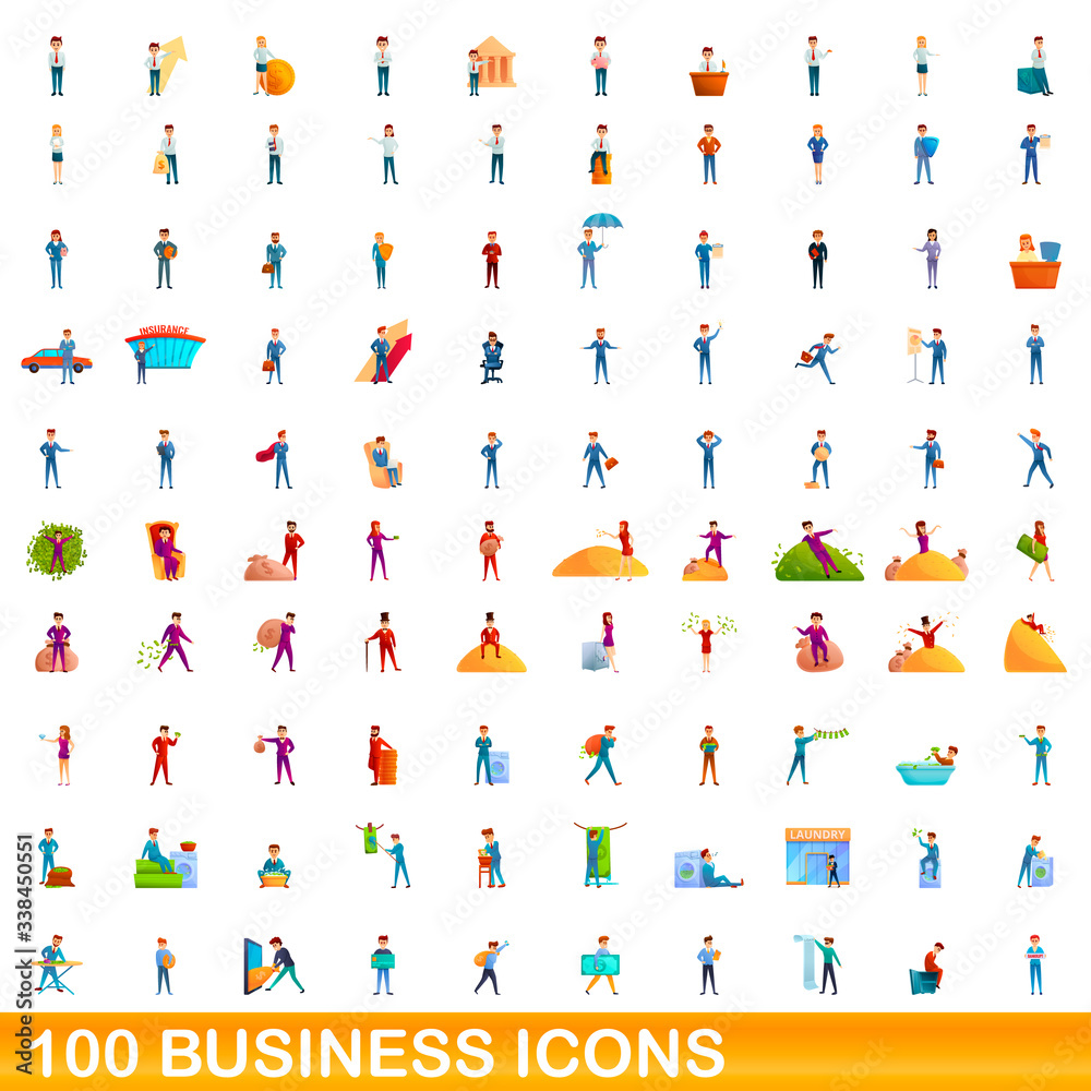 100 business icons set. Cartoon illustration of 100 business icons vector set isolated on white background