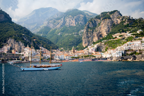 Sea view of Amalfi, a town in the province of Salerno, in the region of Campania, Italy, on the Gulf of Salerno, 24 miles southeast of Naples