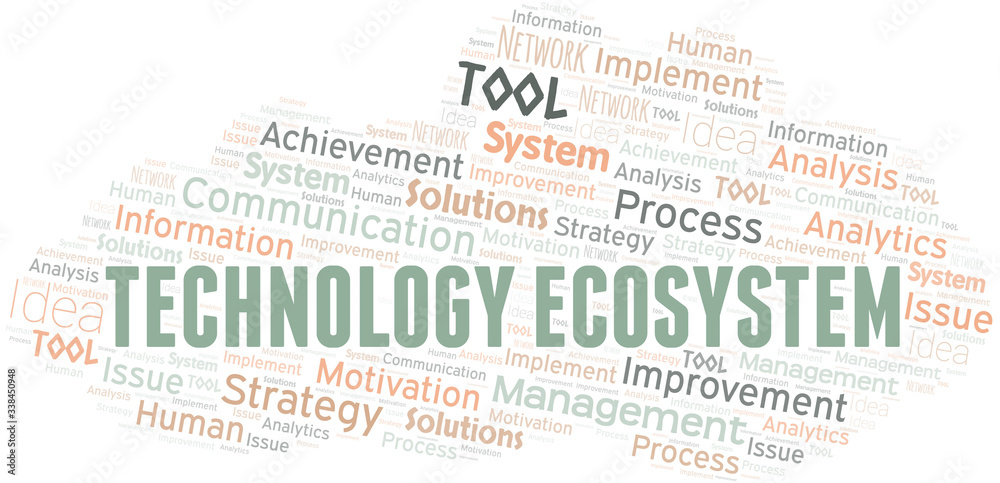 Technology Ecosystem typography vector word cloud.