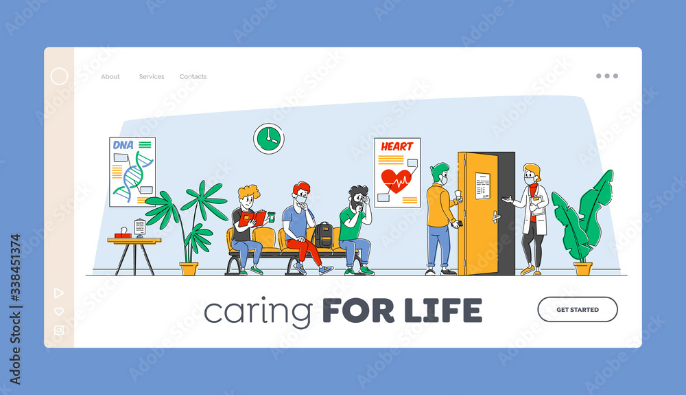 Covid 19 Virus Pandemic Landing Page Template. Patients Characters Wear Masks Sitting in Clinic or Hospital Hall Waiting Doctor Appointment for Health Care Treatment. Linear People Vector Illustration